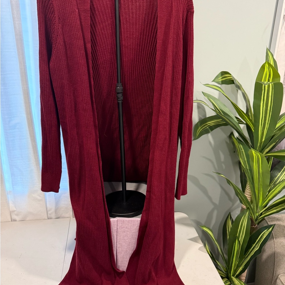 Rachel Long Open-Front Ribbed Cardigan - Burgundy